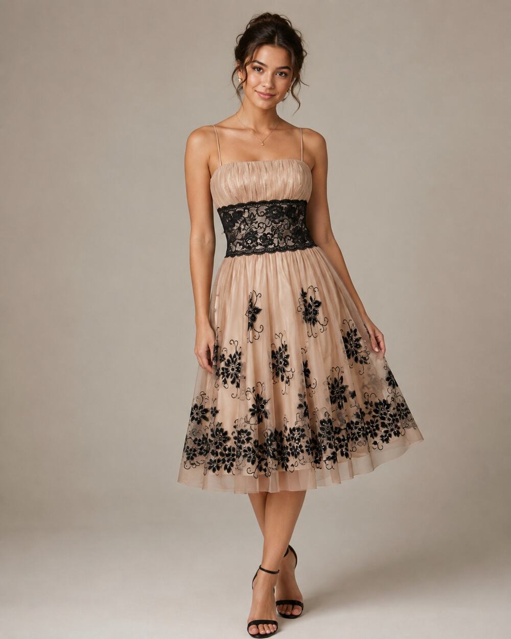 OC OC Tan Black Floral Lace Satin Cocktail Dress Size 12 Y2K Spaghetti Strap